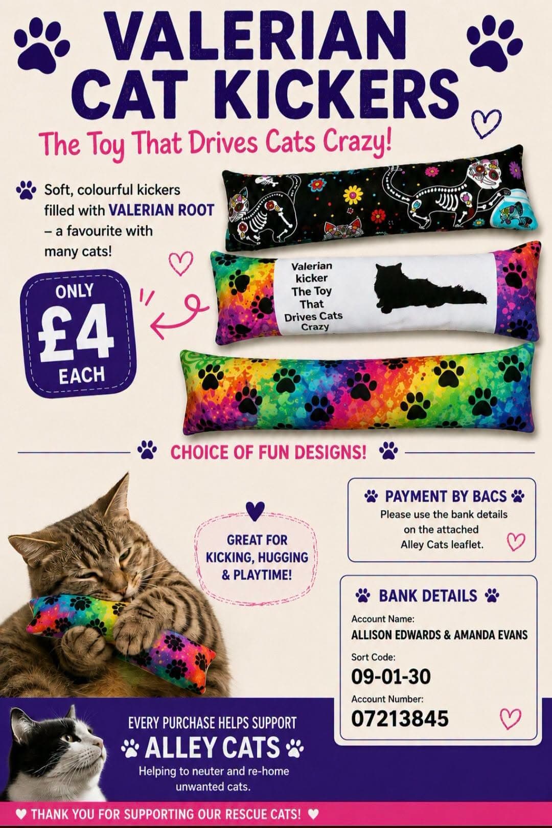Valerian Cat Kickers leaflet — soft, colourful kickers filled with valerian root, only £4 each, with a choice of fun designs. Payment by BACS; every purchase helps support Alley Cats Ripon.